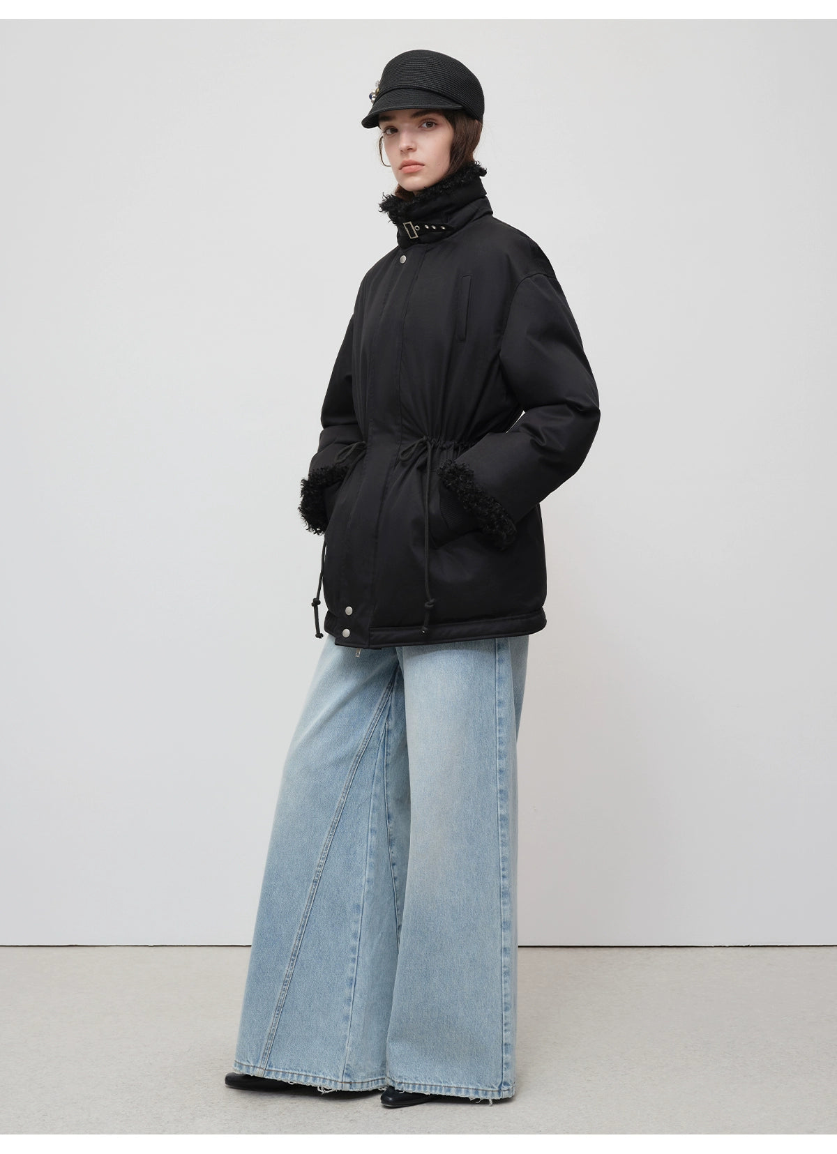 Black Longline Fleece Collar Windbreaker