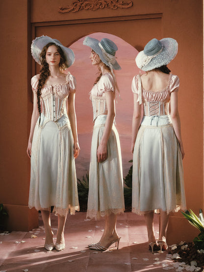 Blush Court Satin Corset Top &amp; Midi Skirt Set