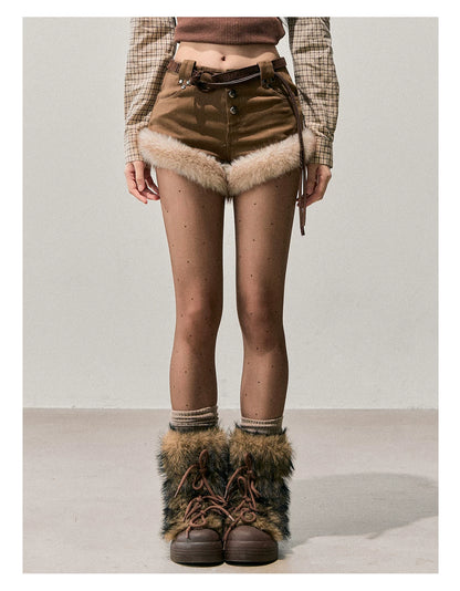 Faux-Fur Wide-Leg Winter Mini Shorts