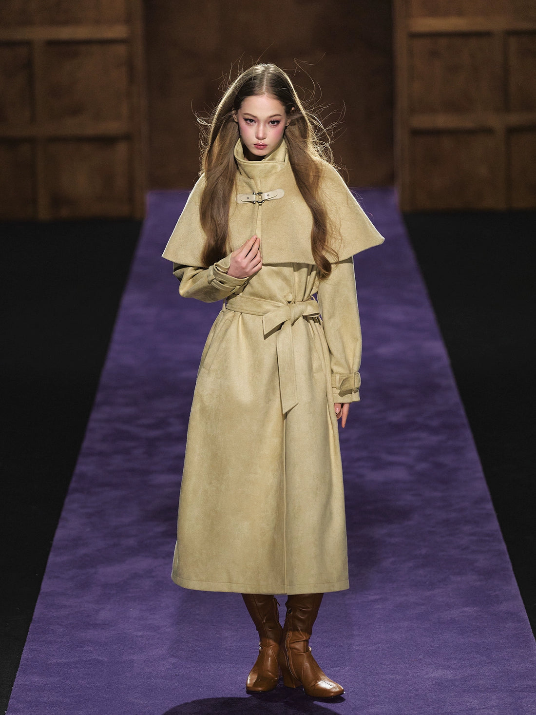 Shimmer Wool Cape Overlay &amp; Suede Long Detachable Belt Coat