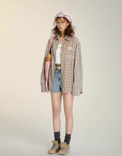 Color-blocked Plaid Oversized Shirt