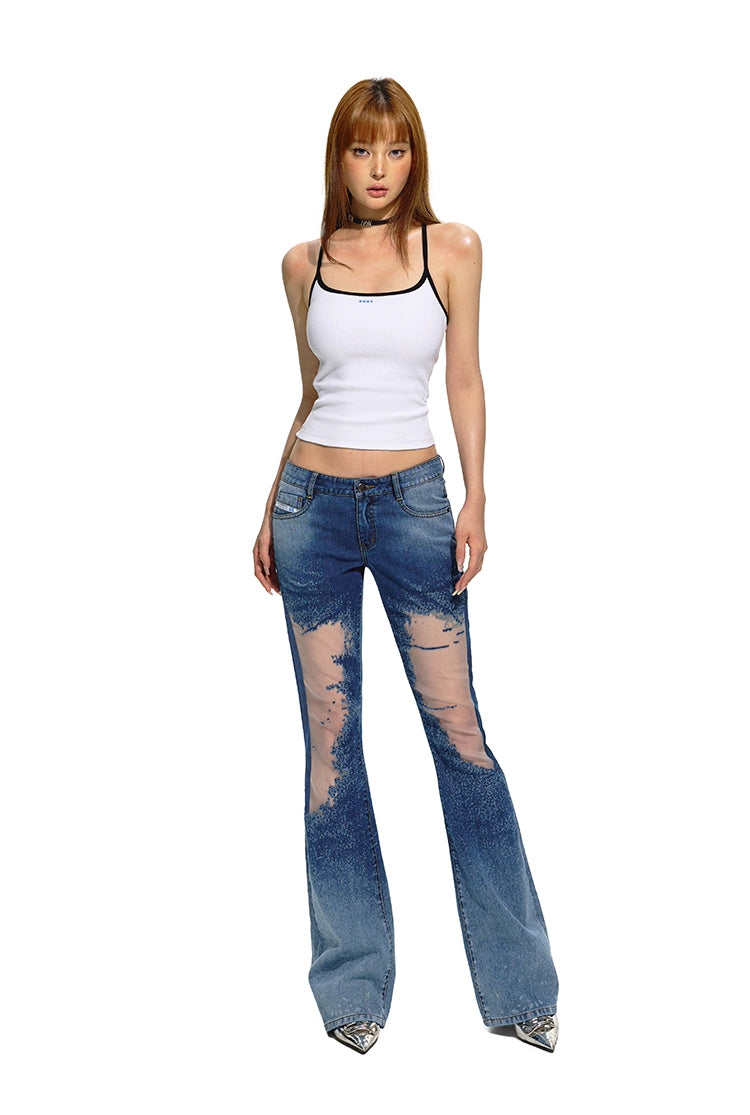 Blue Mesh Patchwork Low-Rise Flared Pants - CHINASQUAD