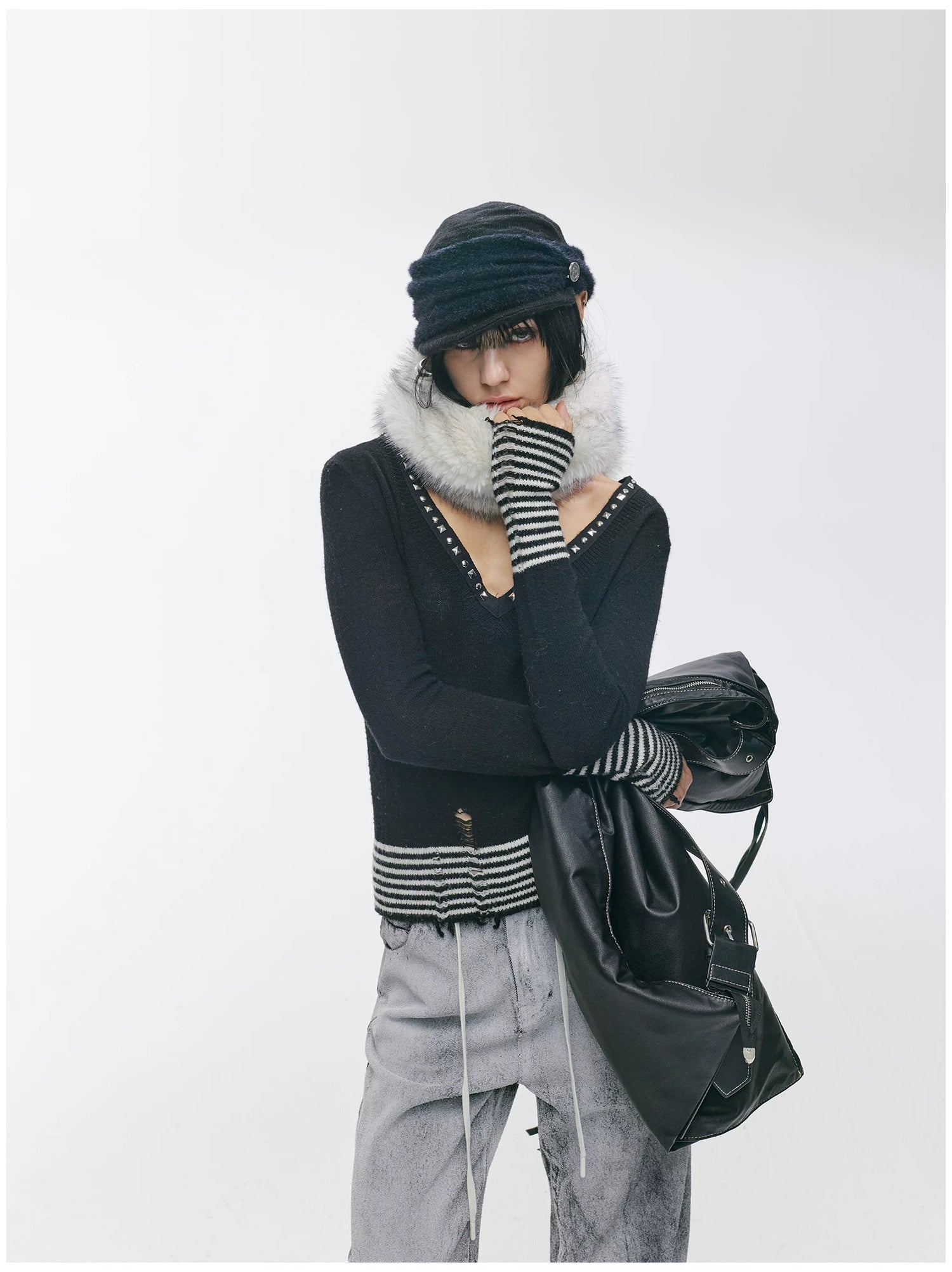 Striped Panel Slim-Fit Wool Knit Top