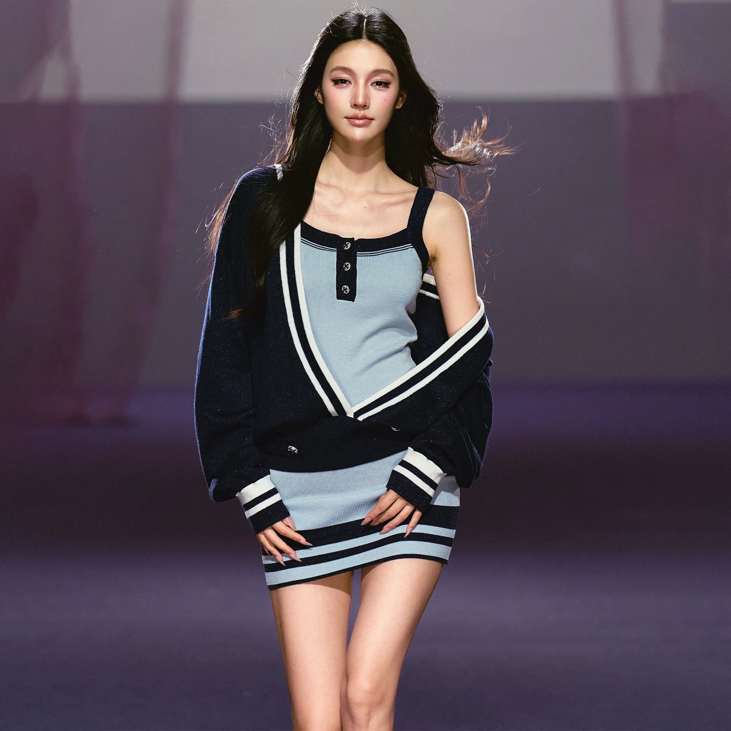 Striped Deep V Knit Dress & Cardigan Set Cardigan / M