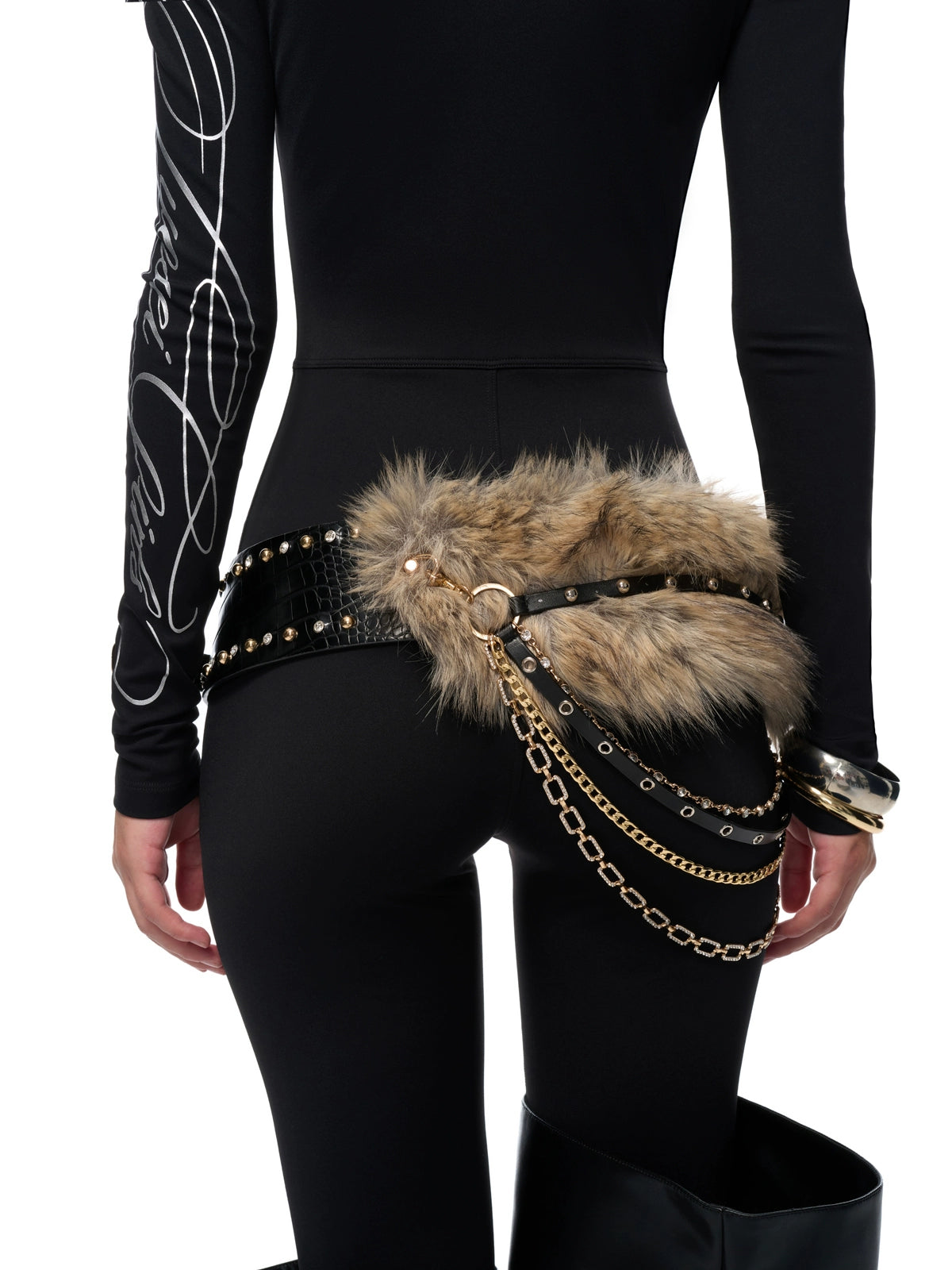 Black Fur-Trim Chain Ring Belt
