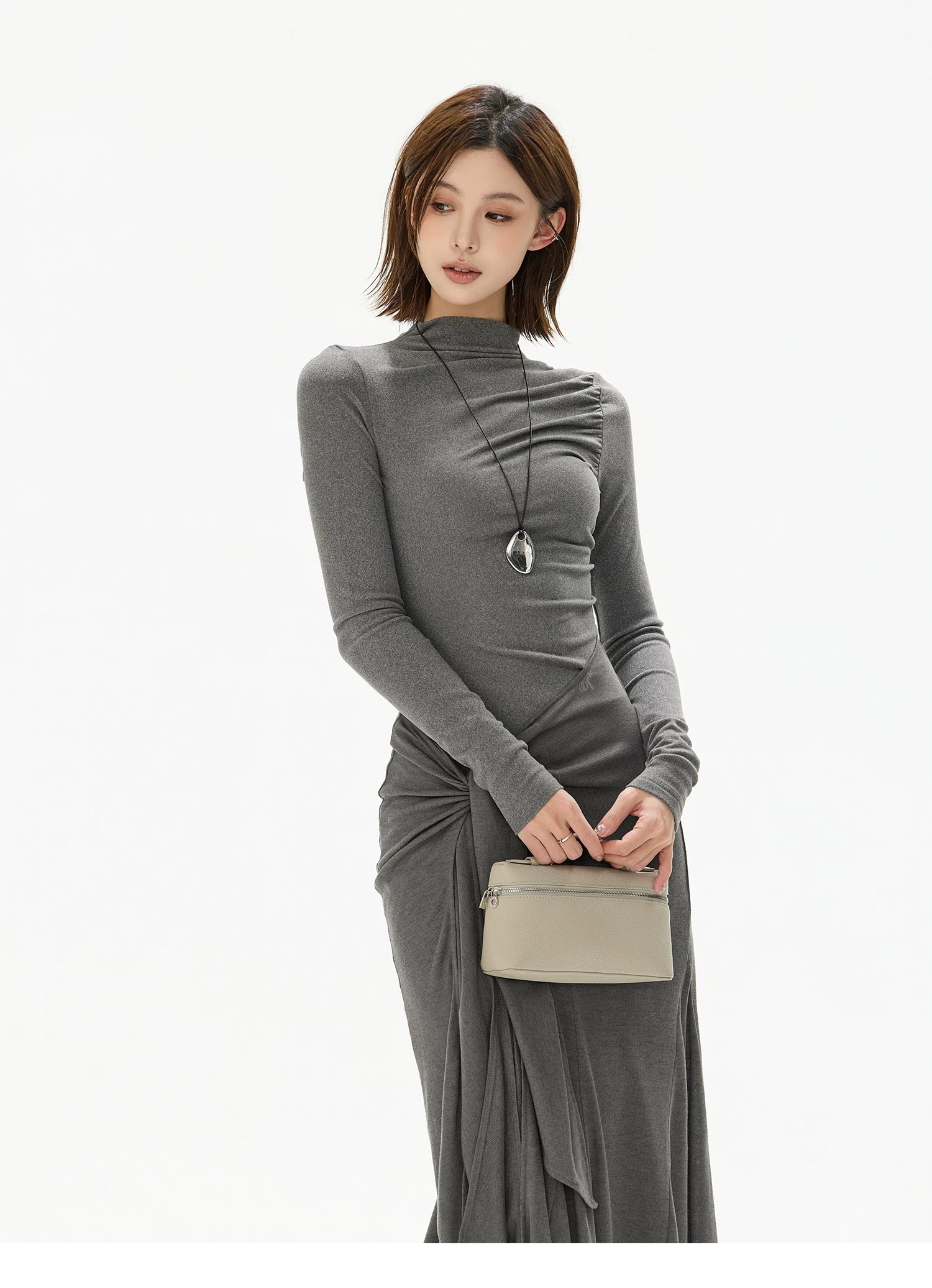 Half-High Neck Tie-Detail Knit Maxi Dress