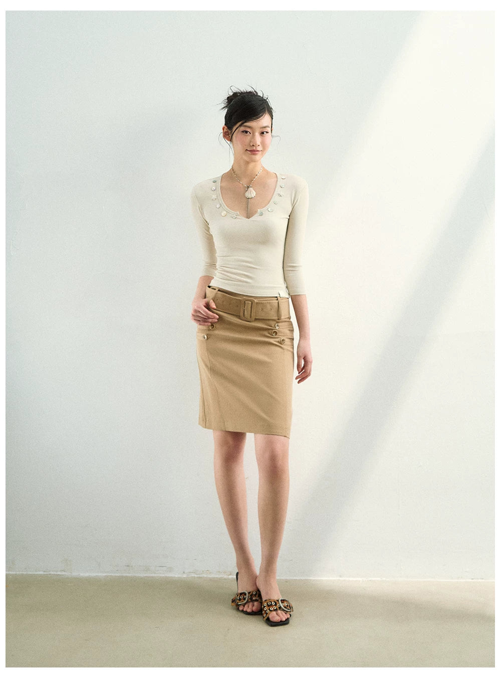 Belted A-Line Midi Skirt
