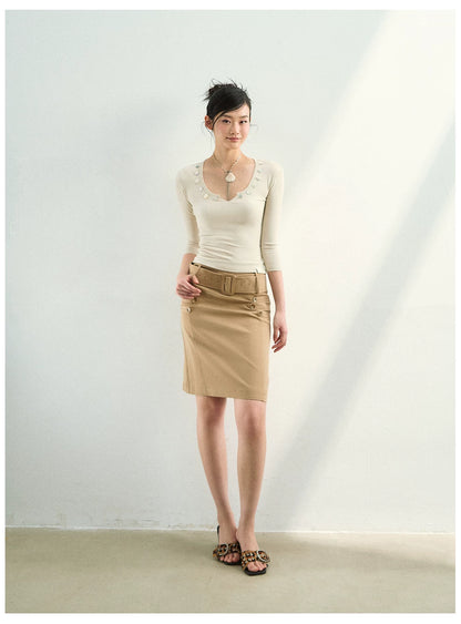 Belted A-Line Midi Skirt