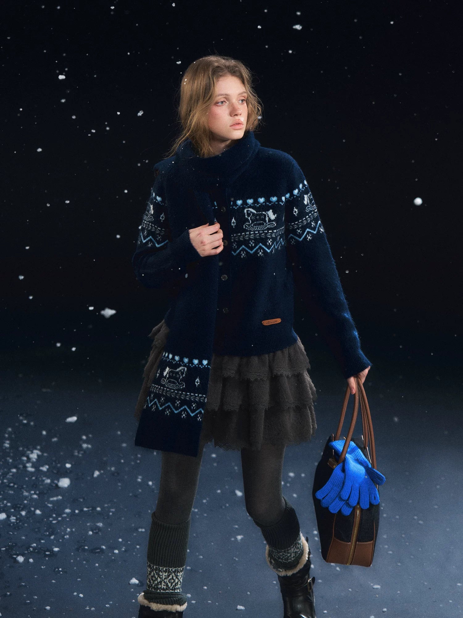 Fair Isle Scarf &amp; Cardigan Two-Piece Set