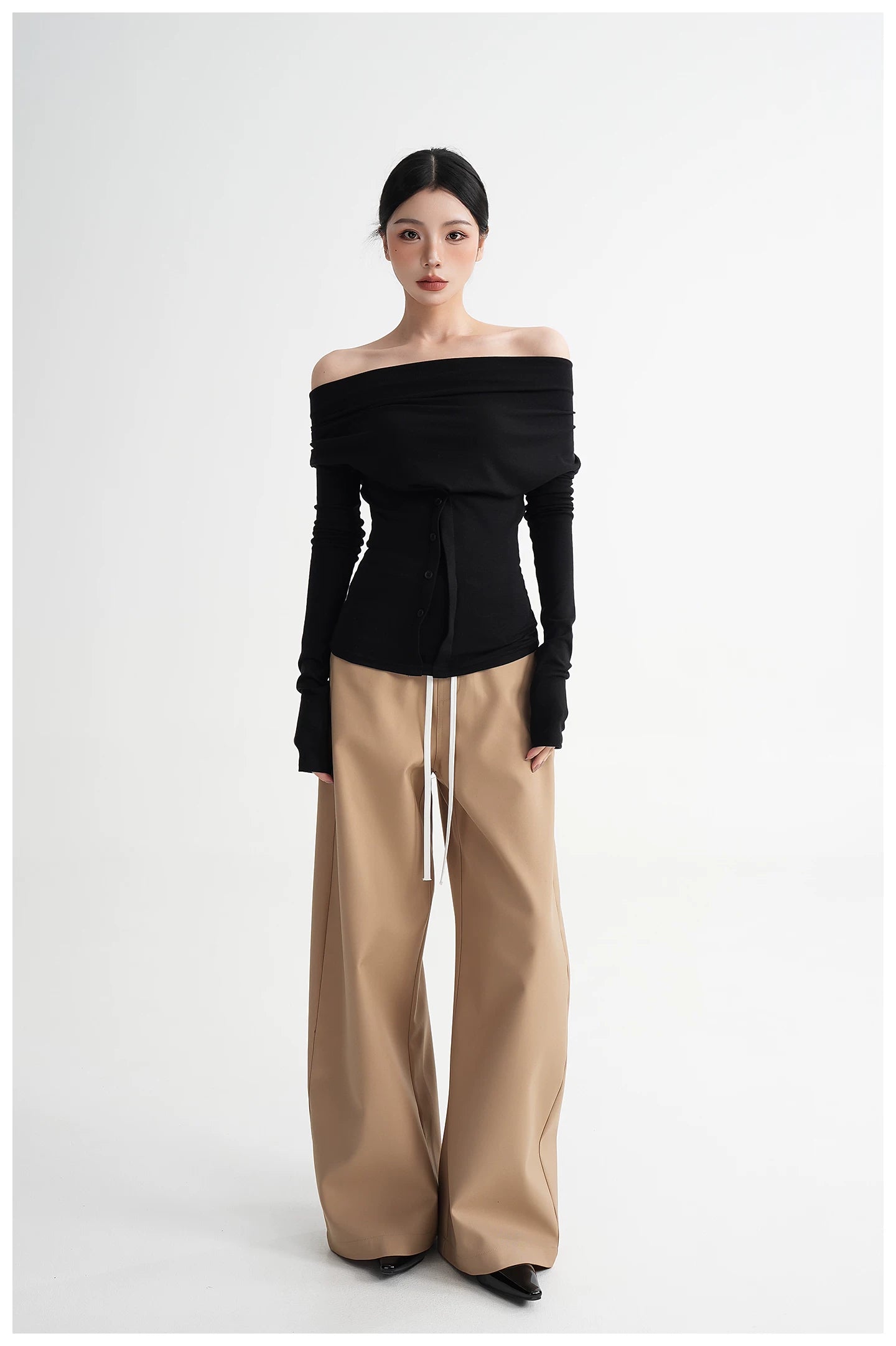 Neck Off-Shoulder Fitted Long Sleeve T-Shirt