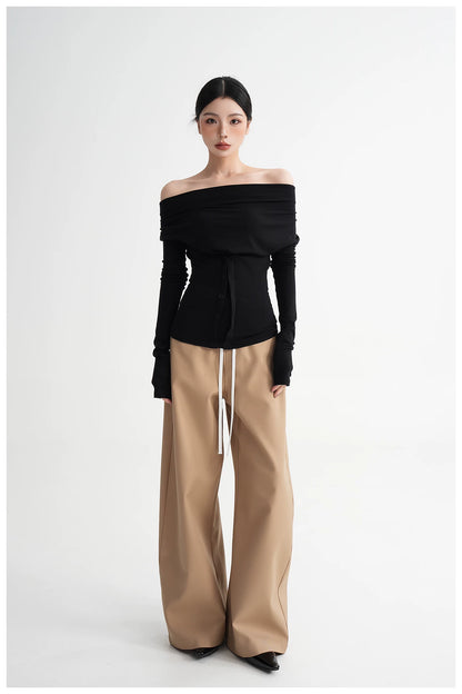 Neck Off-Shoulder Fitted Long Sleeve T-Shirt