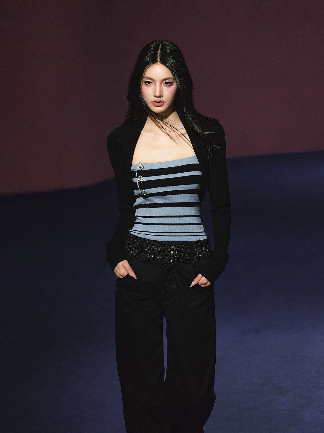 Striped Contrast Hand-Sewn Button Tube Top &amp; Shrug Set - CHINASQUAD