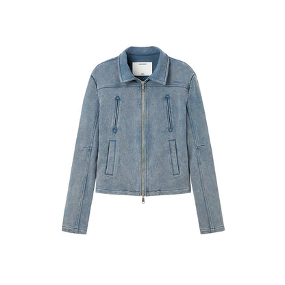 Classic Moto Collar Washed Cotton Knit Jacket