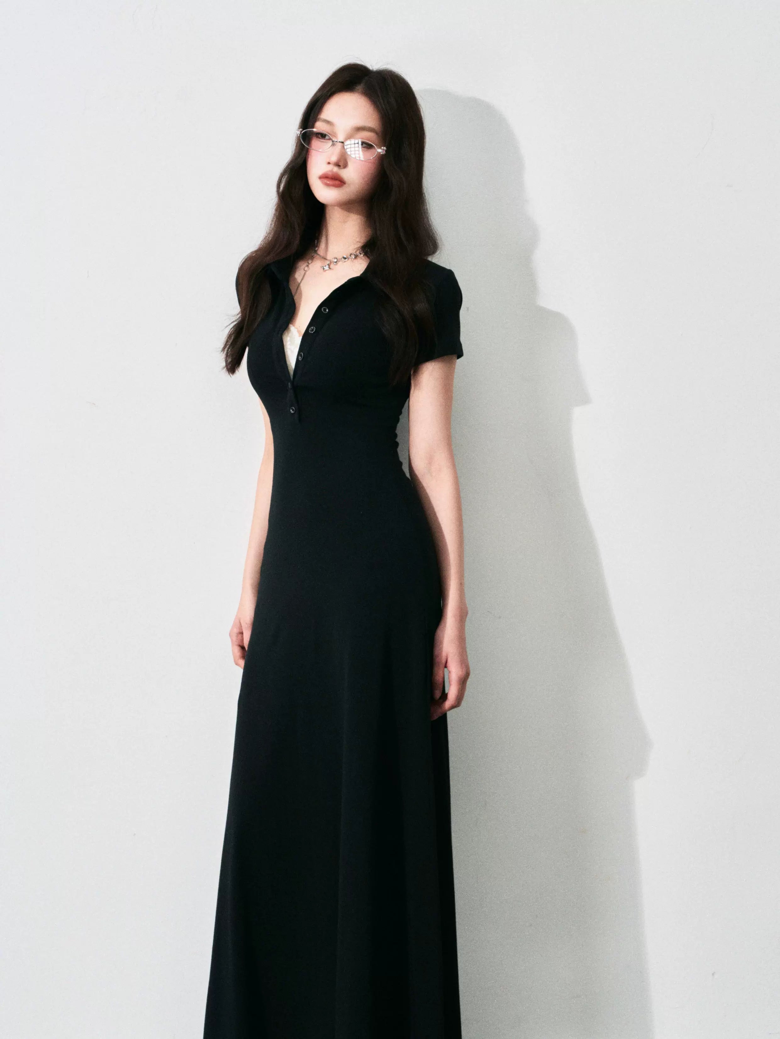 Half-Placket Polo Collar Knit Maxi Dress