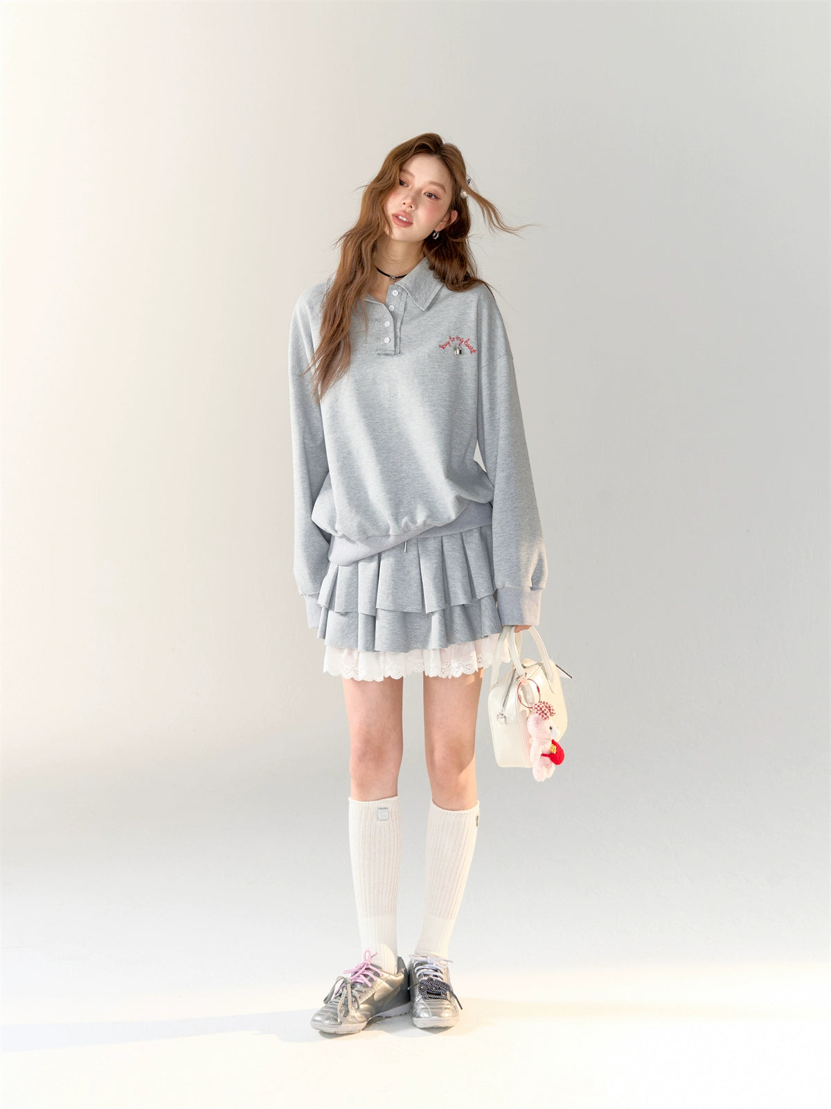 American College Style Polo Collar Sweatshirt &amp; Skirt Set