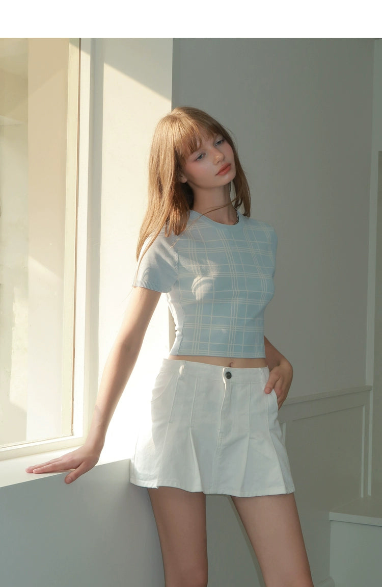 White &amp; Blue High-Waisted Pleated Culottes