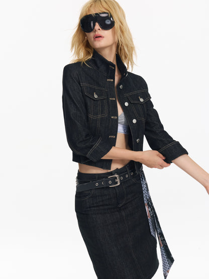 Cropped Stripe Stitch Denim Jacket &amp; Skirt Set