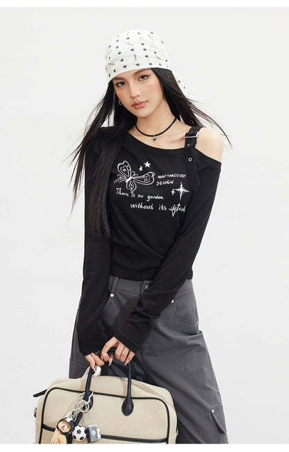 Butterfly Cold-Shoulder Long-Sleeve T-shirt