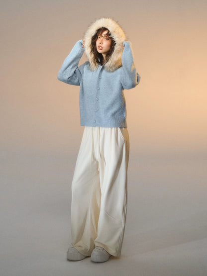 Detachable Fur-Collar Fleece Hooded Cardigan