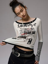 Striped Fake Two-Piece Graffiti Printed T-shirt - CHINASQUAD