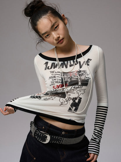 Striped Fake Two-Piece Graffiti Printed T-shirt - CHINASQUAD