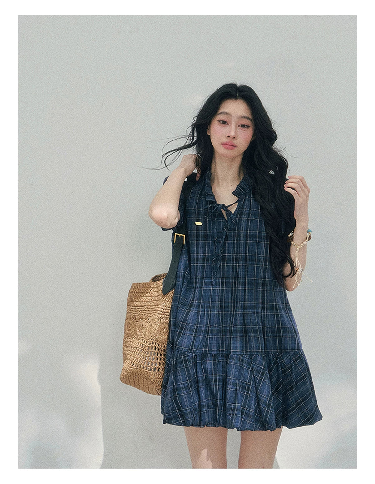 Soft Pleated Puff-Sleeve Mini Dress