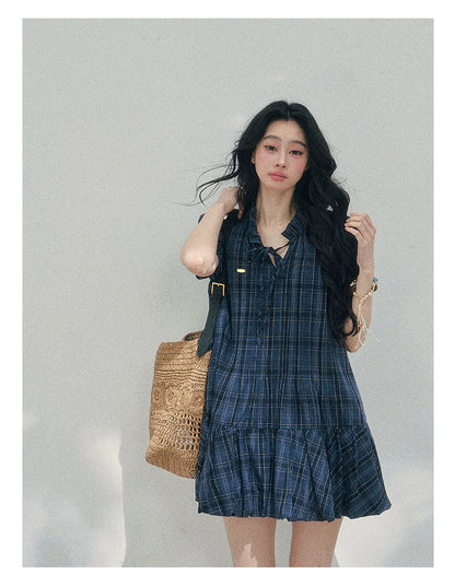Soft Pleated Puff-Sleeve Mini Dress