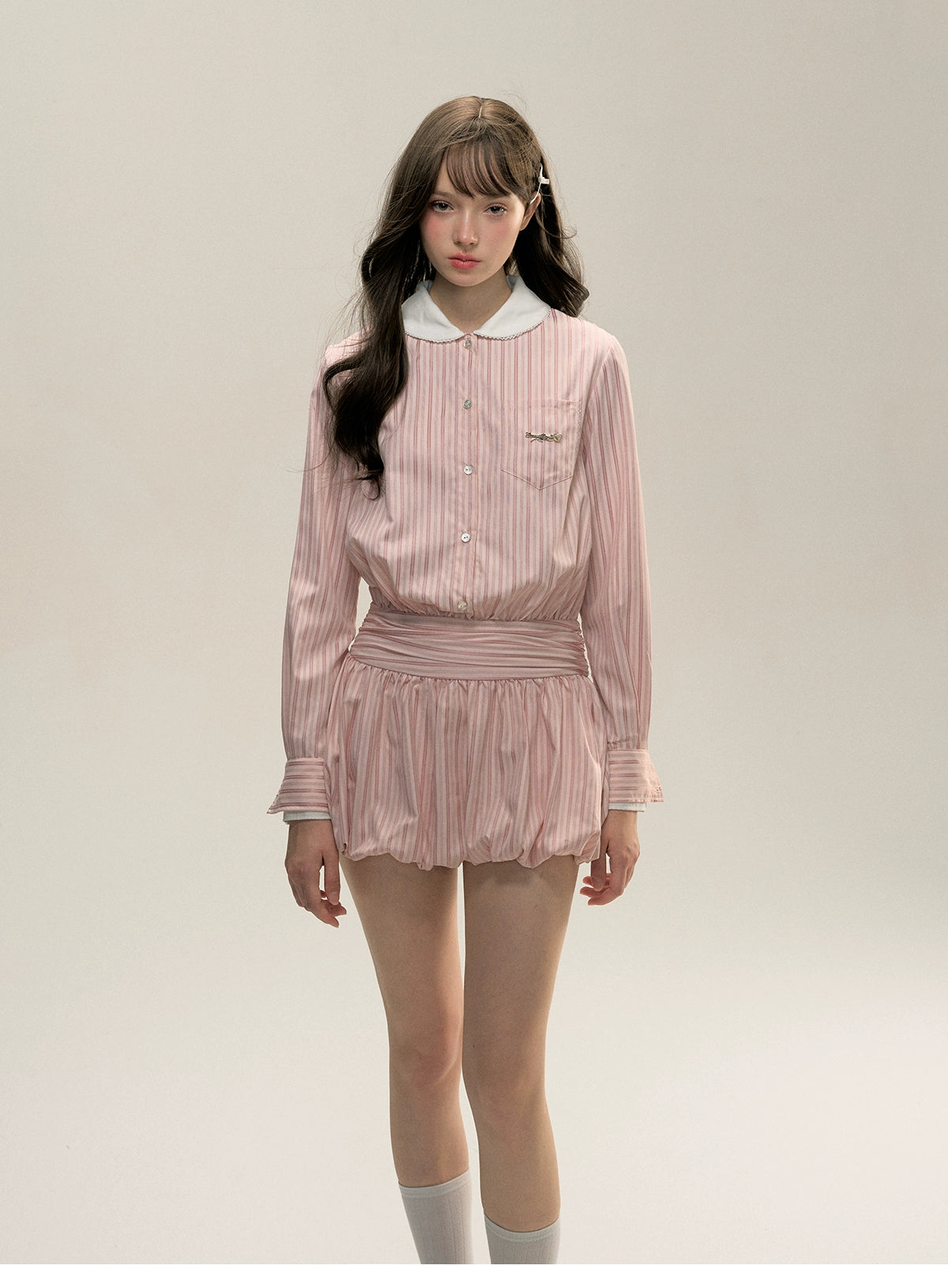 Pink Striped Bow-tie Collar Dress