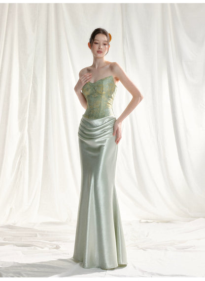 Jade Whisper Jacquard Corset Satin Evening Gown