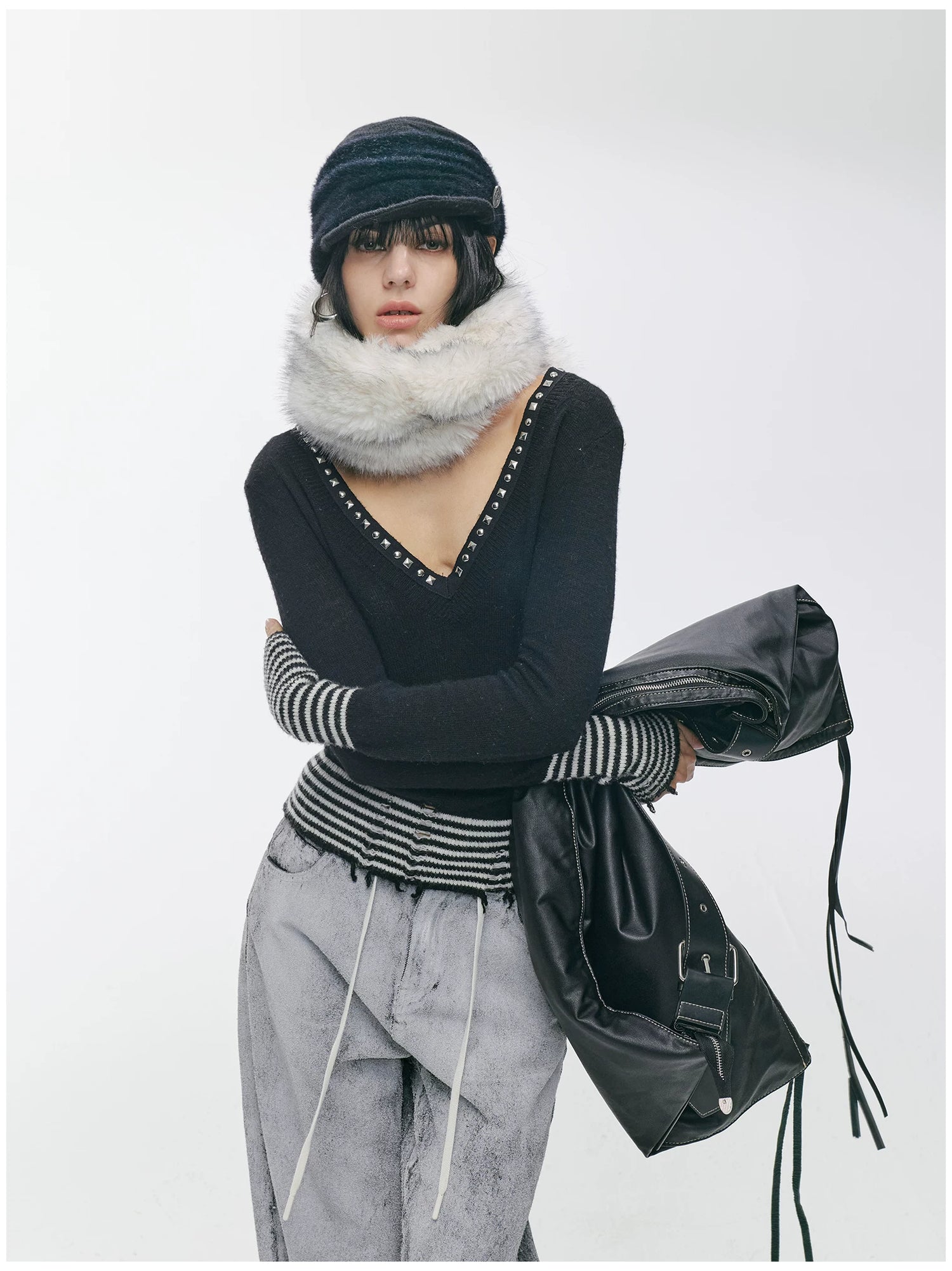 Striped Panel Slim-Fit Wool Knit Top