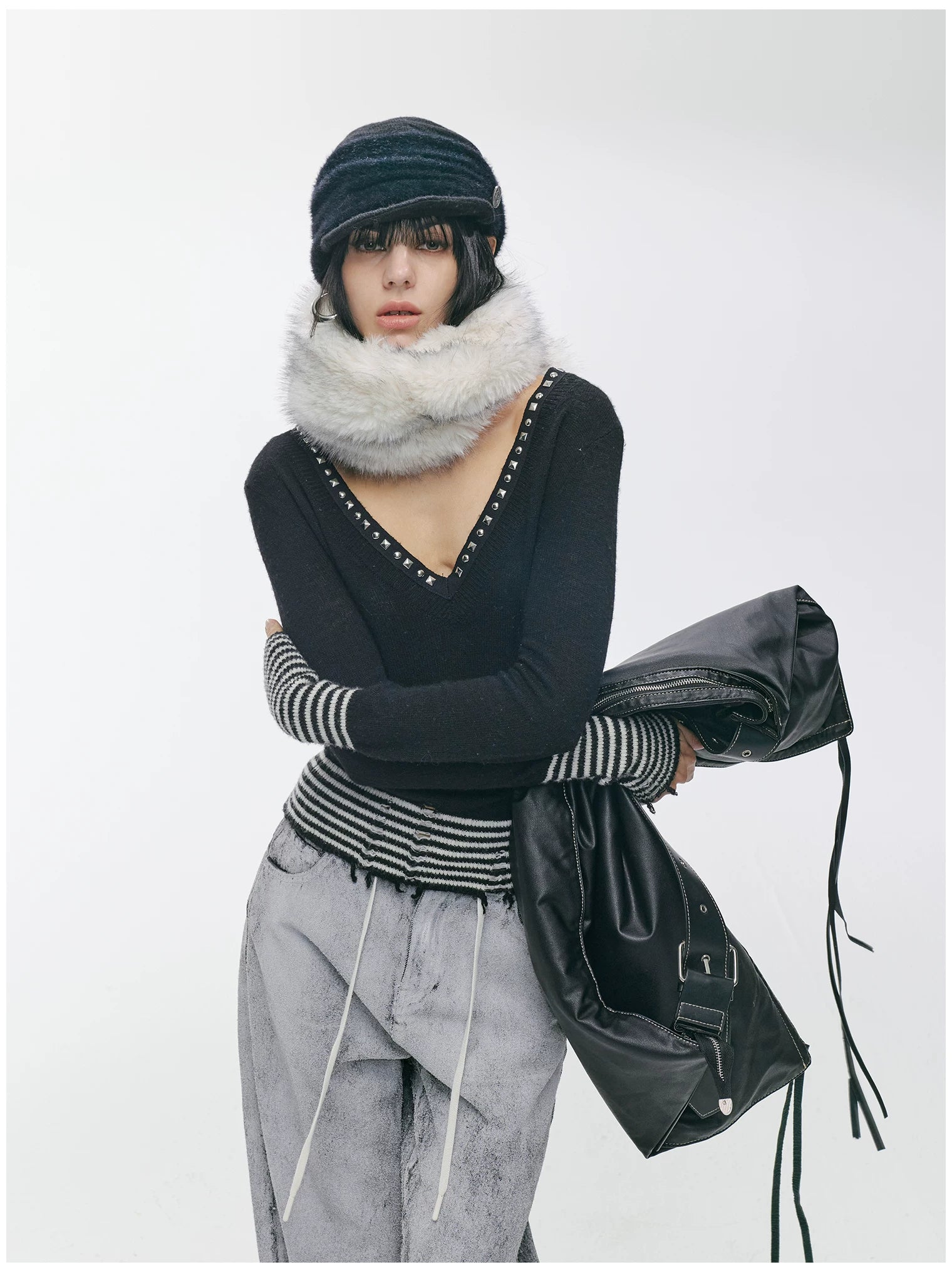 Striped Panel Slim-Fit Wool Knit Top