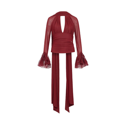 Nina Halter V-Neck Slim Tie Detail Crop Blouse