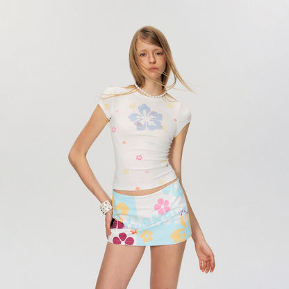 Rhinestone Floral Print Slim Fit Cropped T-Shirt