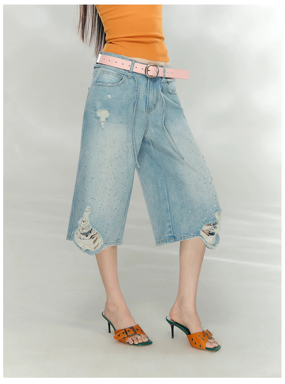 Crystal Distressed Cropped Straight-Leg Denim Jeans