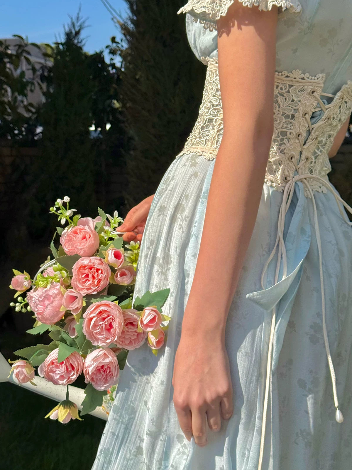 Fresh Baby Blue Lace Short-Sleeve Dress