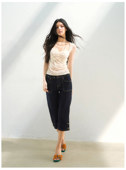 Studded Belt Cropped Denim Pants