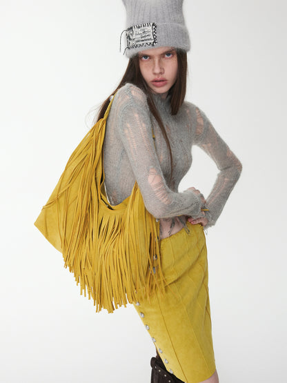 Suede Tassel Studded Shoulder Bag