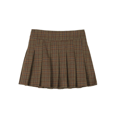 Khaki Plaid Patchwork Shearling Jacket &amp; Pleated Skirt Set - CHINASQUAD