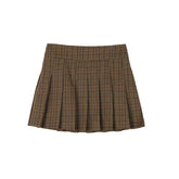 Khaki Plaid Patchwork Shearling Jacket & Pleated Skirt Set - CHINASQUAD
