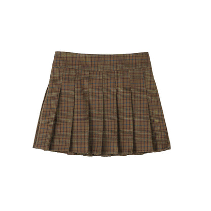 Khaki Plaid Patchwork Shearling Jacket &amp; Pleated Skirt Set - CHINASQUAD