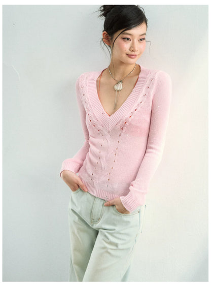 Distressed Openwork V-Neck Knit Top