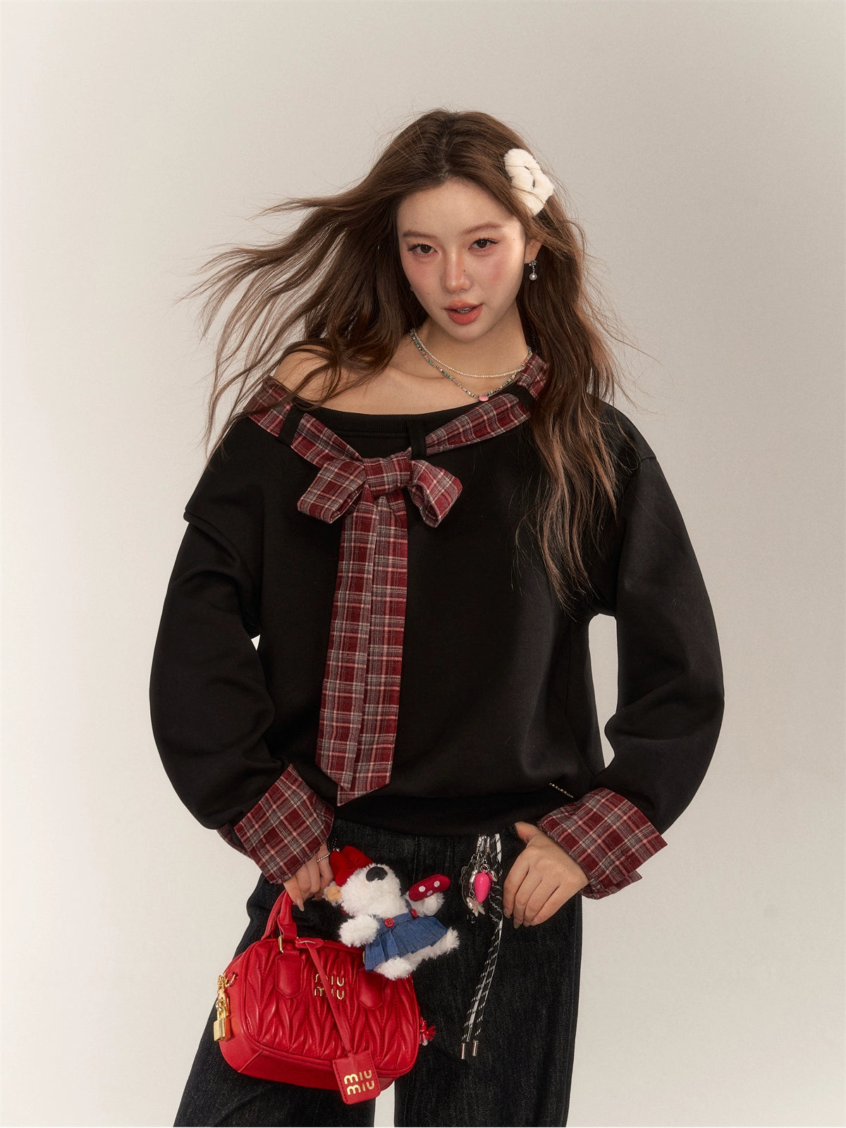 Plaid Patchwork Bow Sweatshirt