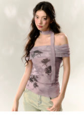 Purple Butterfly & Pink Butterfly Mesh One-shoulder T-shirt - CHINASQUAD