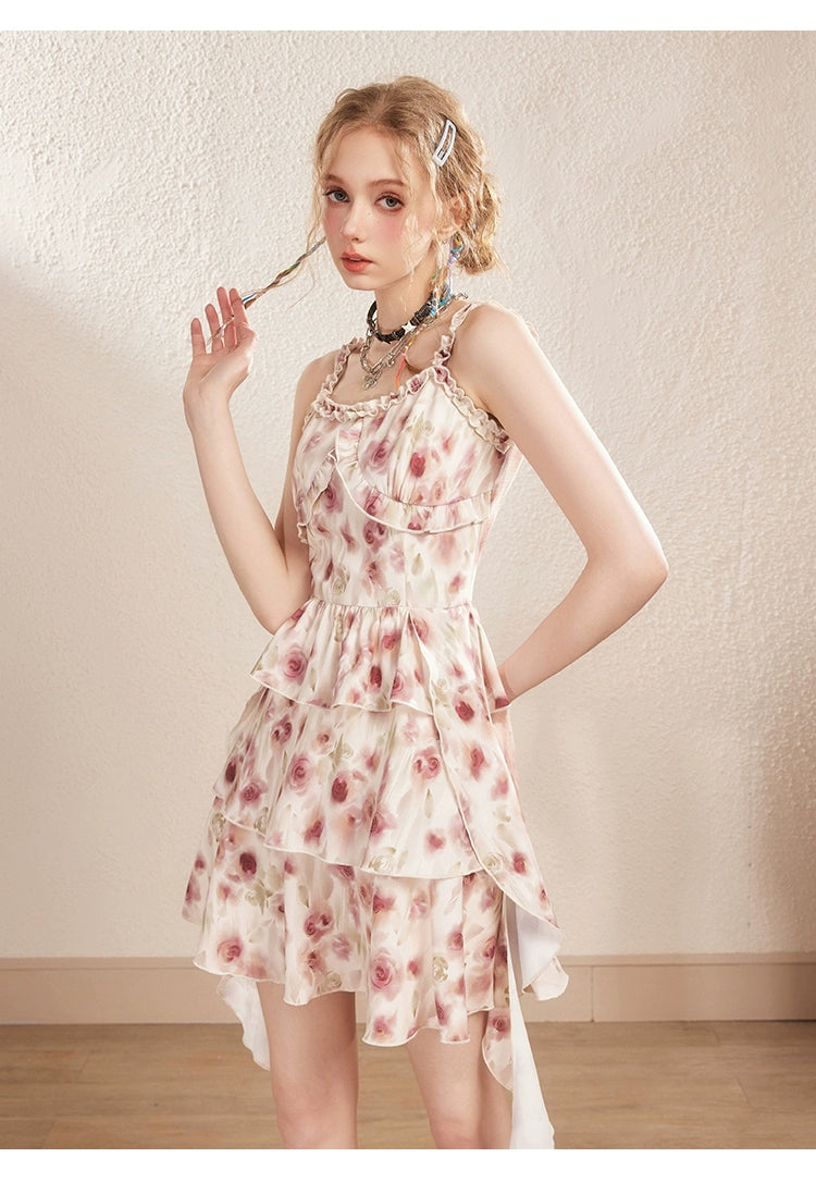 Apricot Floral Asymmetrical Strap Dress