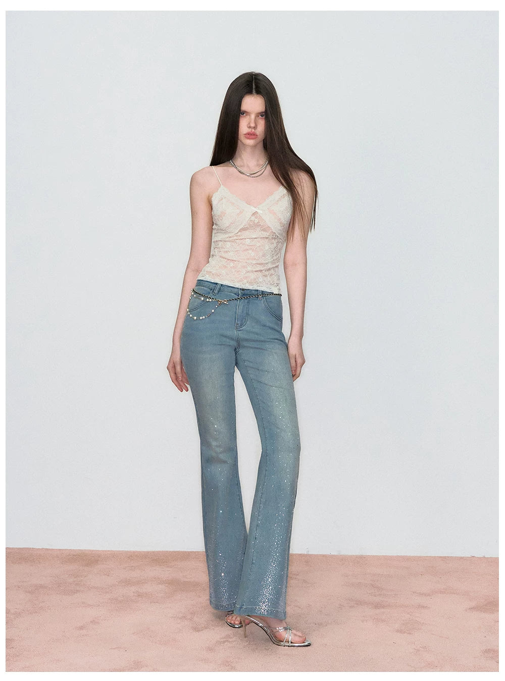 Crystal-Embellished Off-Shoulder Top &amp; Flared Denim Jeans Set