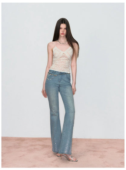 Crystal-Embellished Off-Shoulder Top &amp; Flared Denim Jeans Set