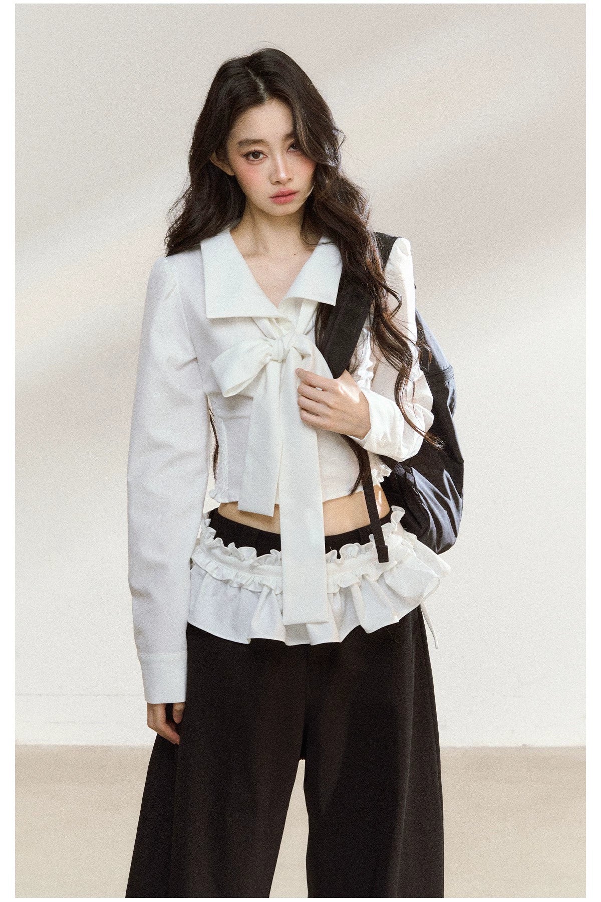 Butterfly Bow White Blouse &amp; Lace-Trim Straight Pants Set