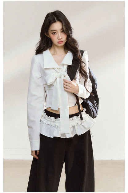 Butterfly Bow White Blouse &amp; Lace-Trim Straight Pants Set