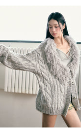 Grey & Khaki Frayed Edge Cardigan - CHINASQUAD