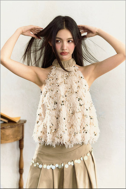 Apricot Fringed Sequined Neck Vest - CHINASQUAD